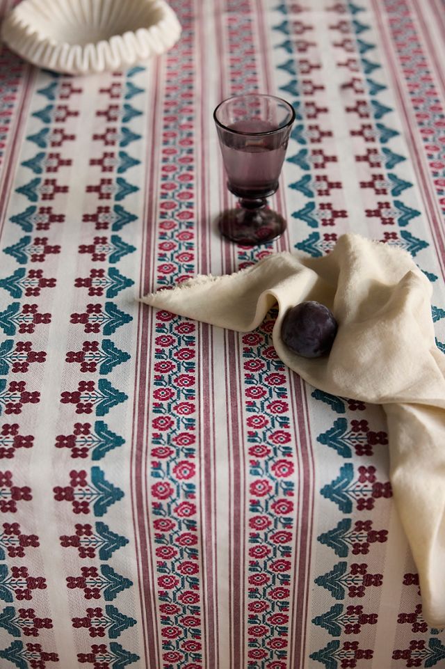 Floral Stripe Woven Cotton Tablecloth #1
