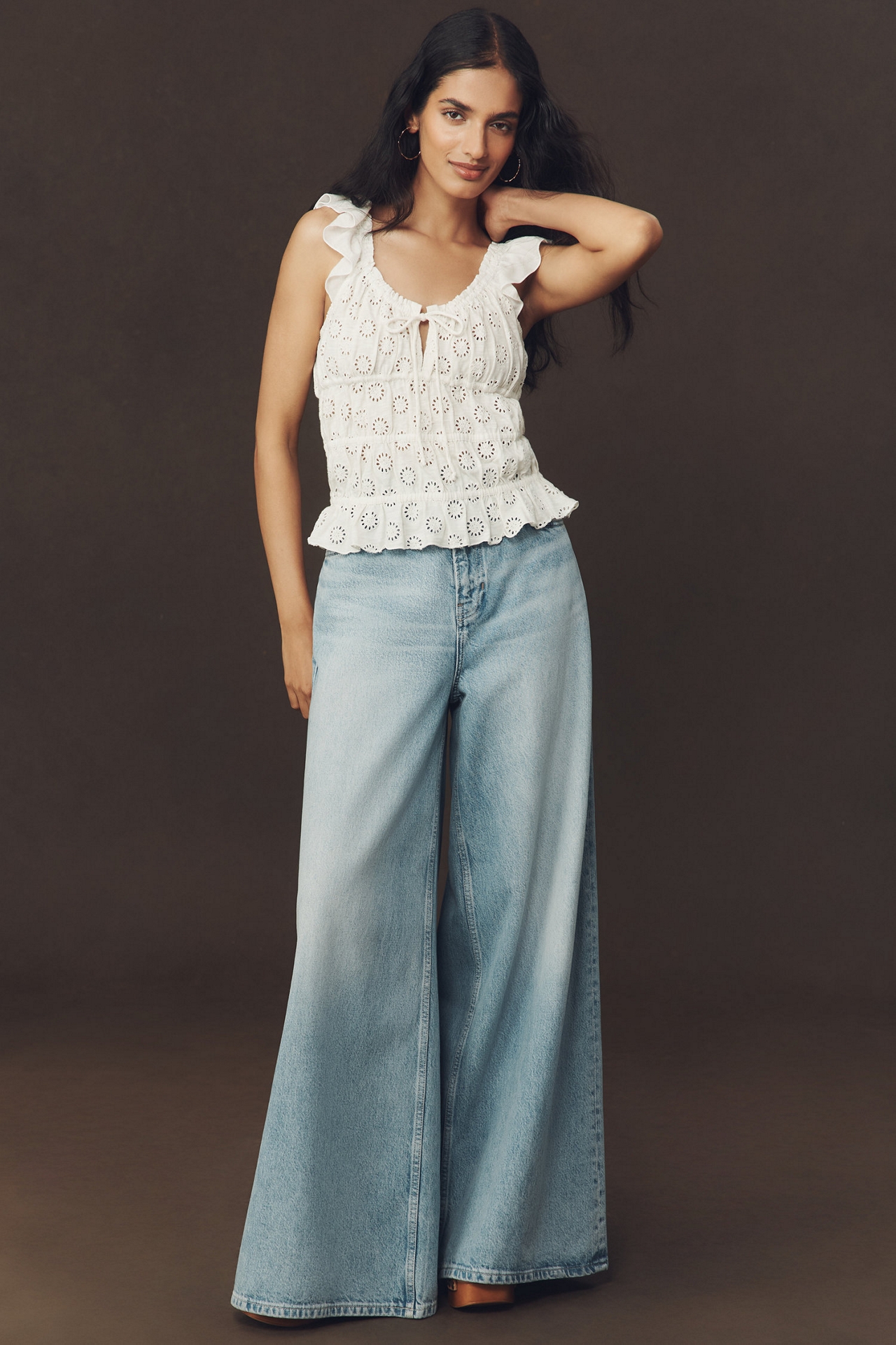 Eyelet Flutter-Sleeve Blouse