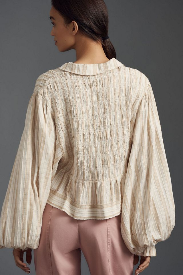 Balloon-Sleeve Scoop-Neck Collared Blouse #1