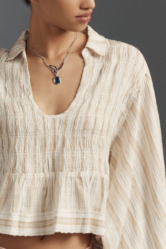 Balloon-Sleeve Scoop-Neck Collared Blouse #2
