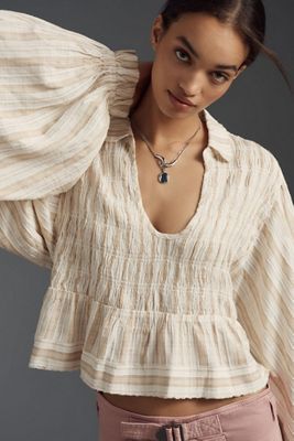 Balloon-Sleeve Scoop-Neck Collared Blouse