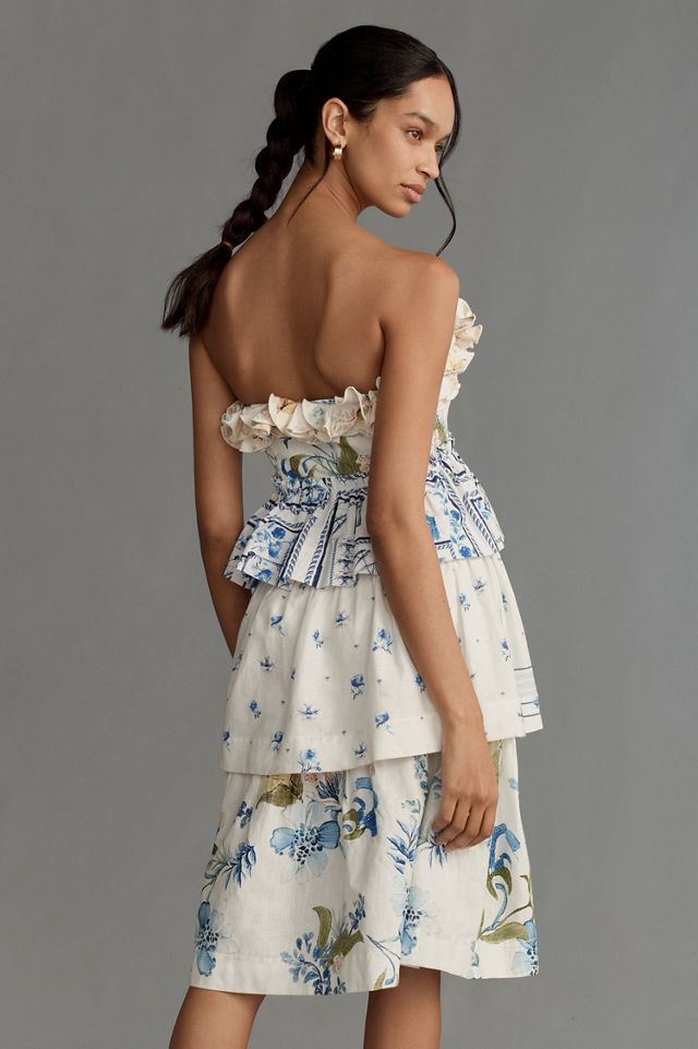 Maeve Linen Blend Strapless Ruffle Tiered Knee-Length Dress #1