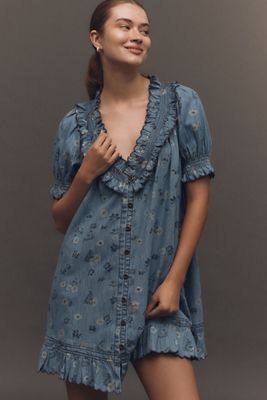 porridge short sleeve denim swing mini dress Anthropologie Porridge Short Sleeve Swing Denim Mini Dress Womens Medium
