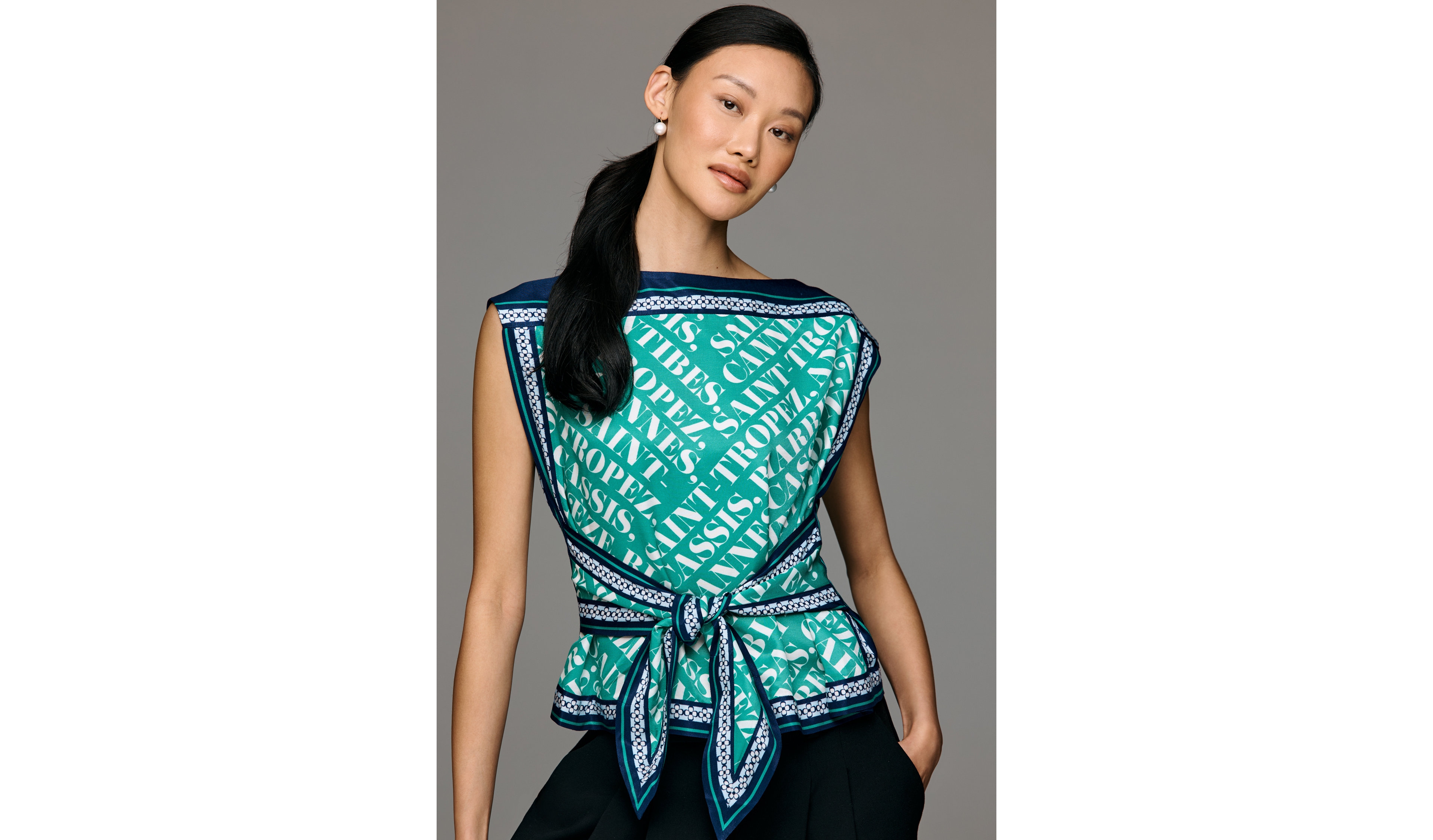Maeve Boat-Neck Sleeveless Tie-Front Top