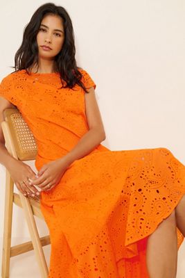 Universal Standard Short Sleeve Flounce Eyelet High-Low Midi Dress