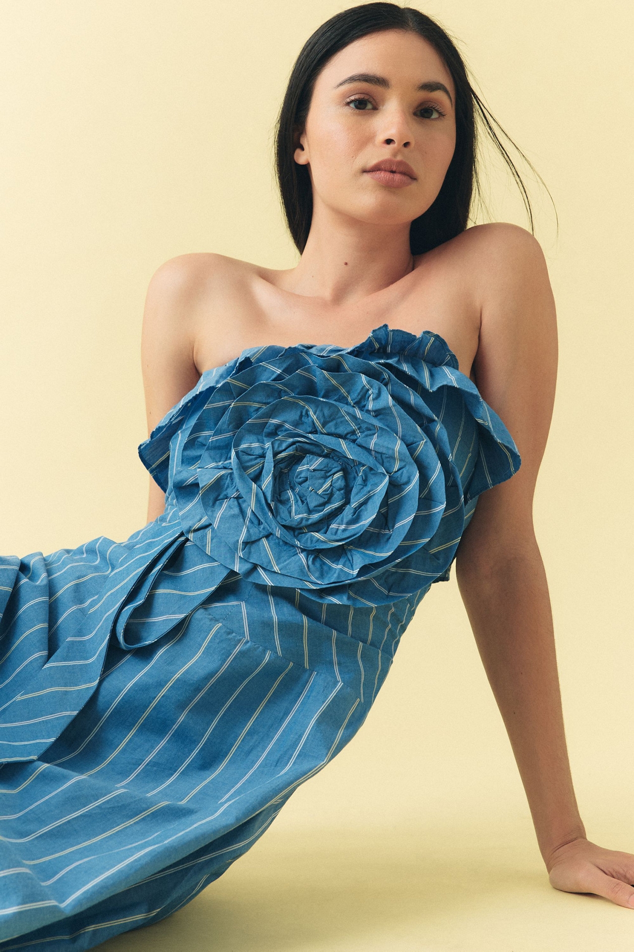 Strapless Rosette Asymmetrical Drop-Waist Midi Dress