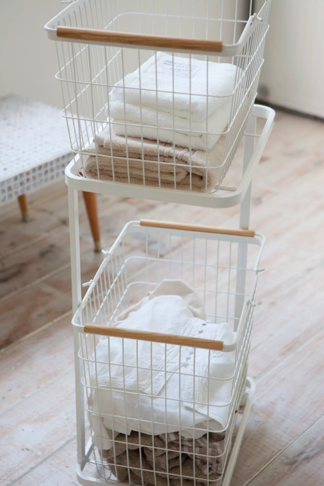 Two-Tier Rolling Laundry Cart and Wire Basket - thumbnail 3