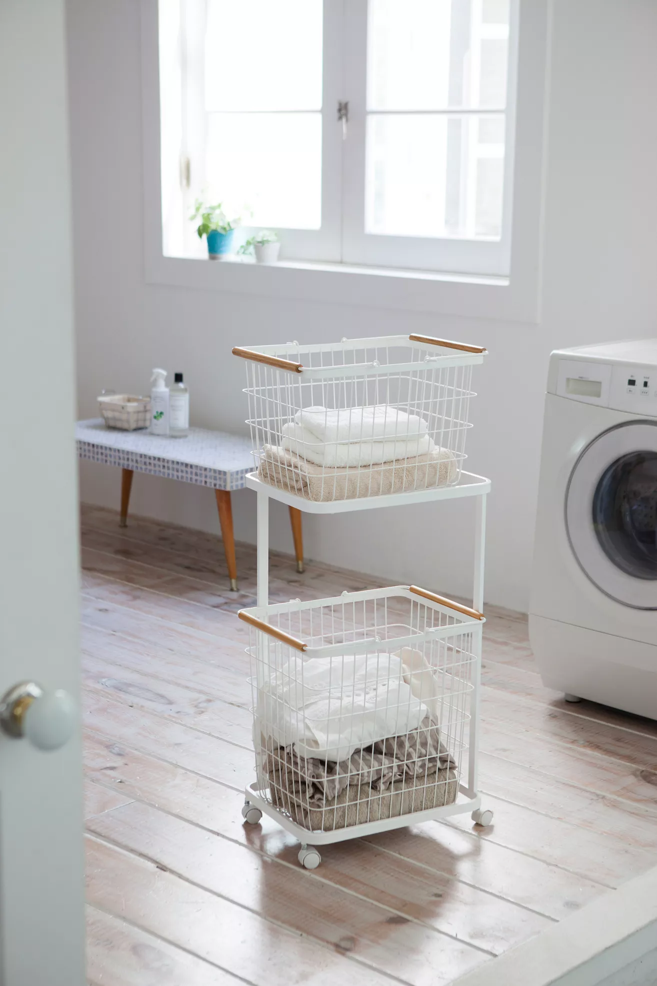 Two-Tier Rolling Laundry Cart and Wire Basket