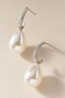By Adina Eden Pave Teardrop Pearl Hoop Earrings