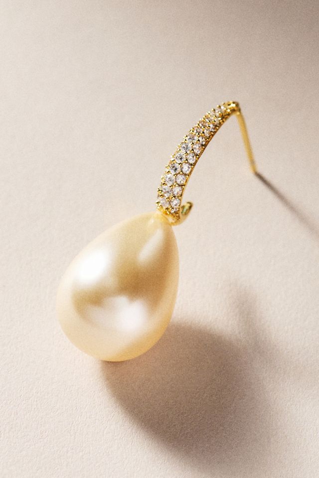 By Adina Eden Pave Teardrop Pearl Hoop Earrings #1