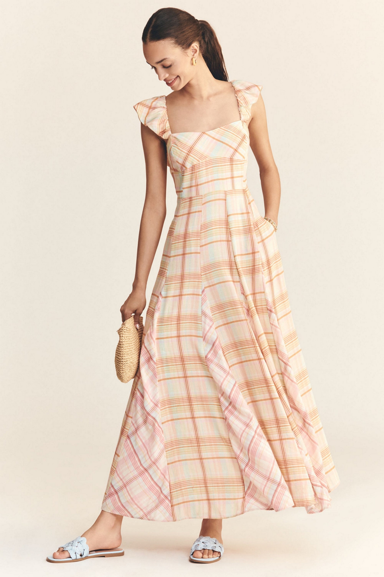 Maeve Linen Blend Flutter-Sleeve A-Line Maxi Dress