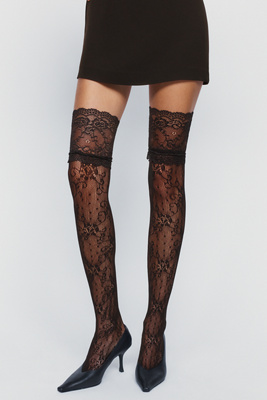High Heel Jungle Lace Thigh High Socks In Black
