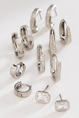 By Anthropologie Crystal Textured Hoop Earrings, Set of 6