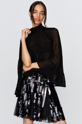 By Anthropologie Sheer Mock Neck Ruffled Poncho by Anthropologie