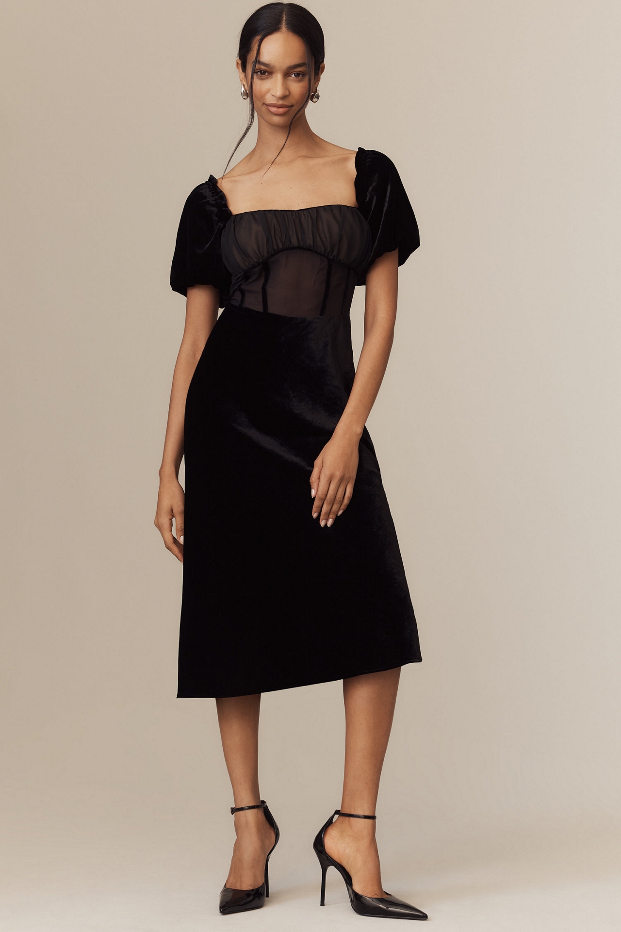Puff Sleeve Mesh Velvet Dress