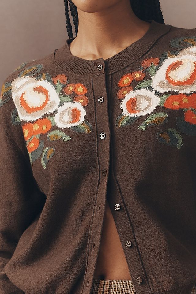 Crew-Neck Floral Cardigan Sweater #2