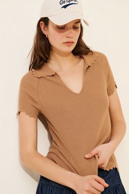 Maeve Ruffled Short-Sleeve Polo Sweater