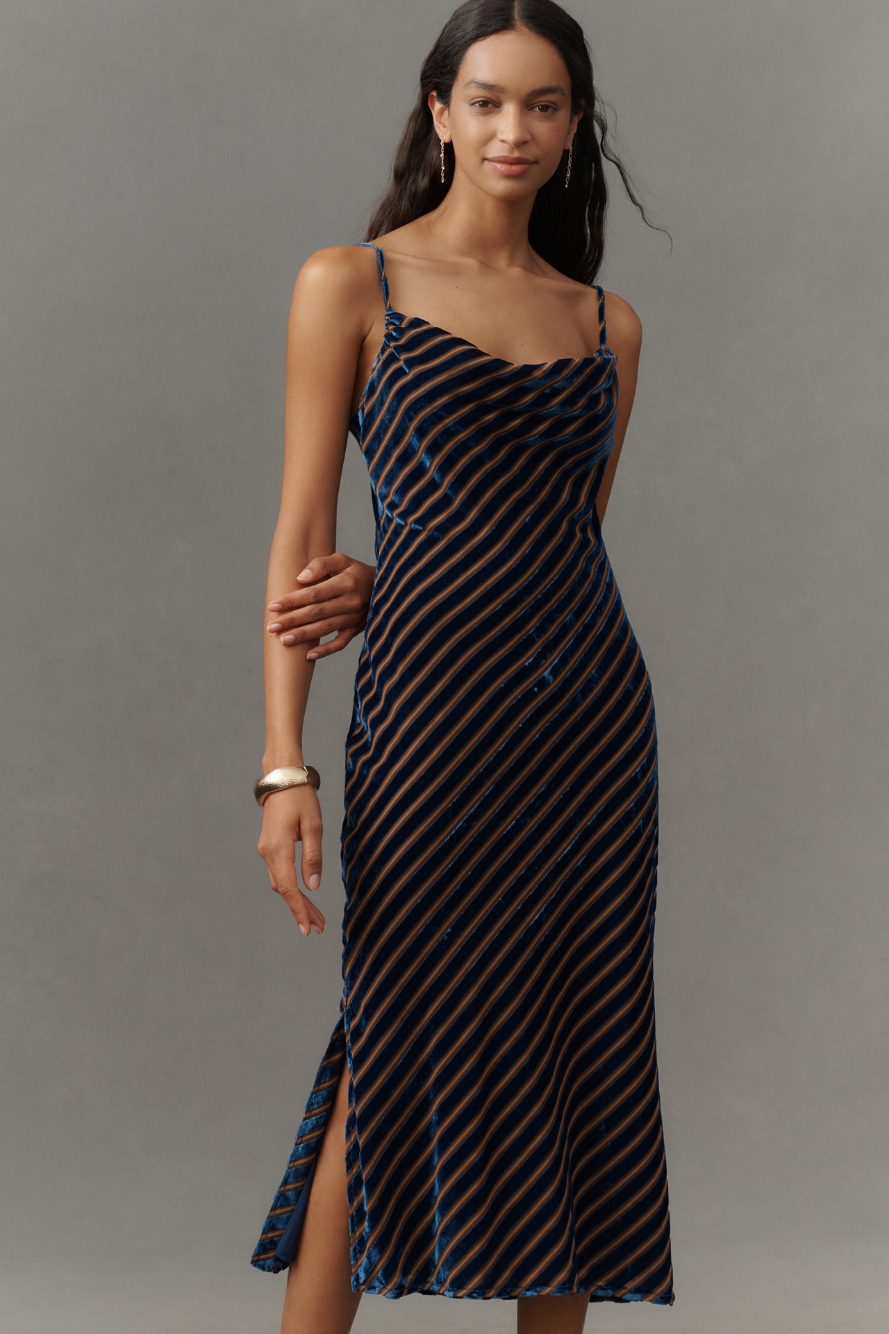 Velvet Burnout Bias-Cut Slim Midi Dress