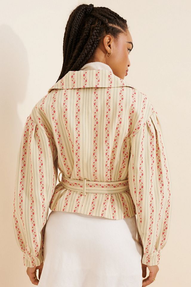 Avec Les Filles Belted Voluminous Sleeve Floral Stripe Jacket #1