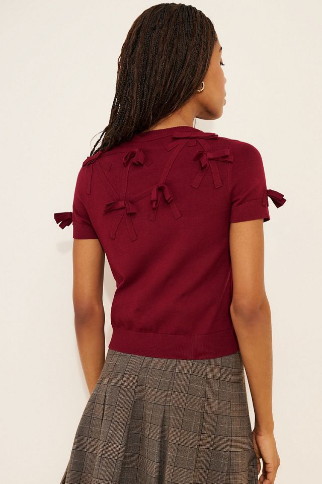 Maeve Short-Sleeve Bow Appliqu? Cardigan Sweater #1
