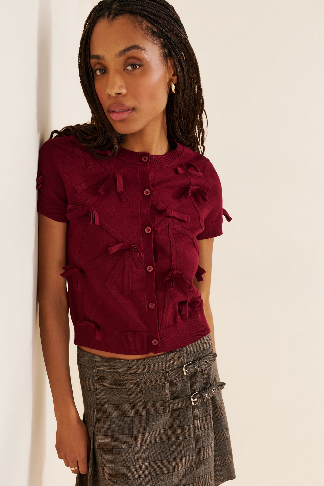 Maeve Short-Sleeve Bow Appliqu? Cardigan Sweater