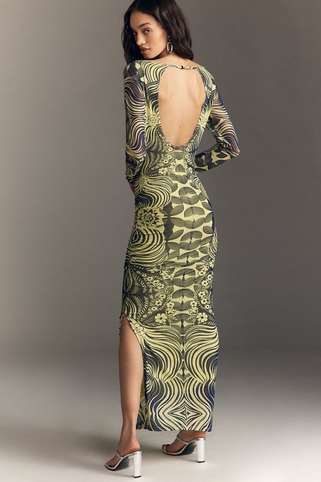 Long-Sleeve Open-Back Mesh Maxi Dress #1
