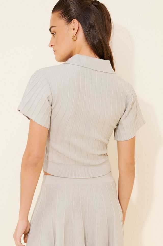 Maeve Short-Sleeve Collared V-Neck Ribbed Sweater #1