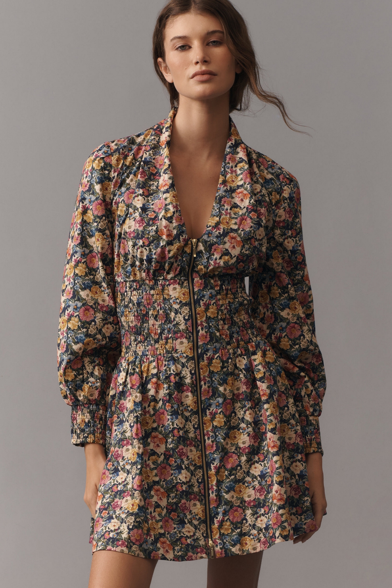 The Tommie Long-Sleeve Smocked Front-Zip Mini Shirt Dress