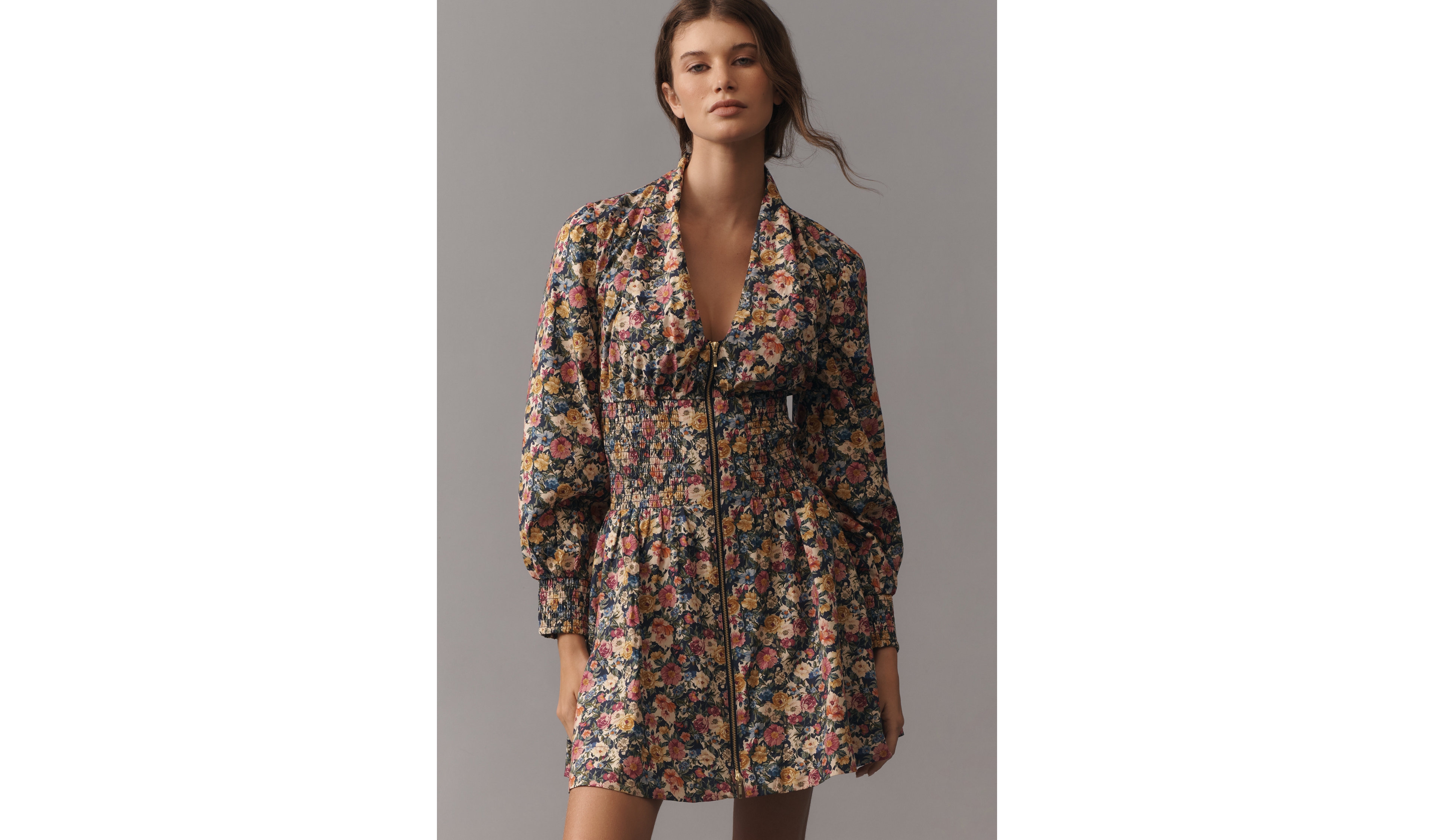 The Tommie Long-Sleeve Smocked Front-Zip Mini Shirt Dress