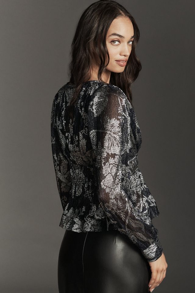 Metallic Smocked Long-Sleeve Shirt #1