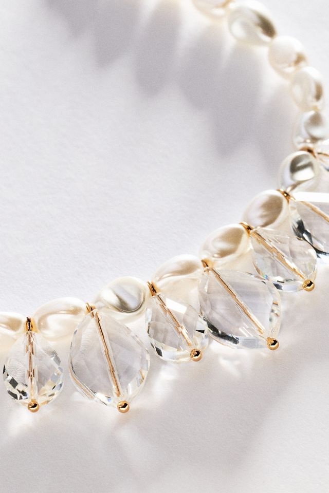 By Anthropologie Pearl & Crystal Fan Necklace #1
