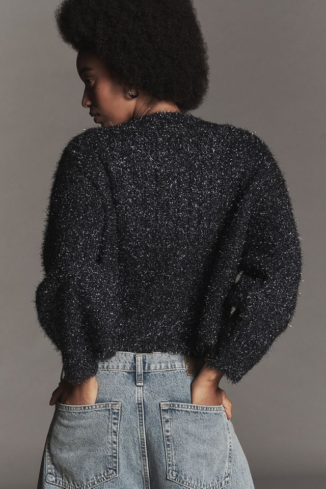 Boat-Neck Tinsel Cardigan Sweater #1