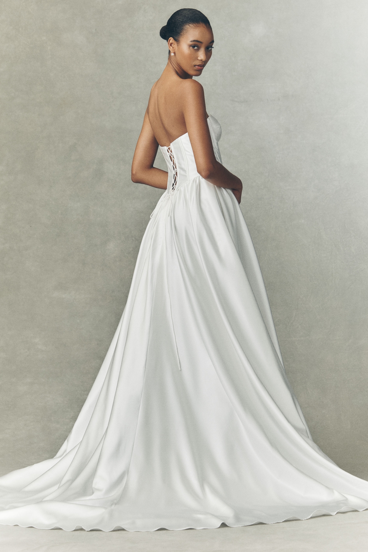 Watters Carina Strapless Plunged Basque-Waist Fit & Flare Satin Wedding Gown