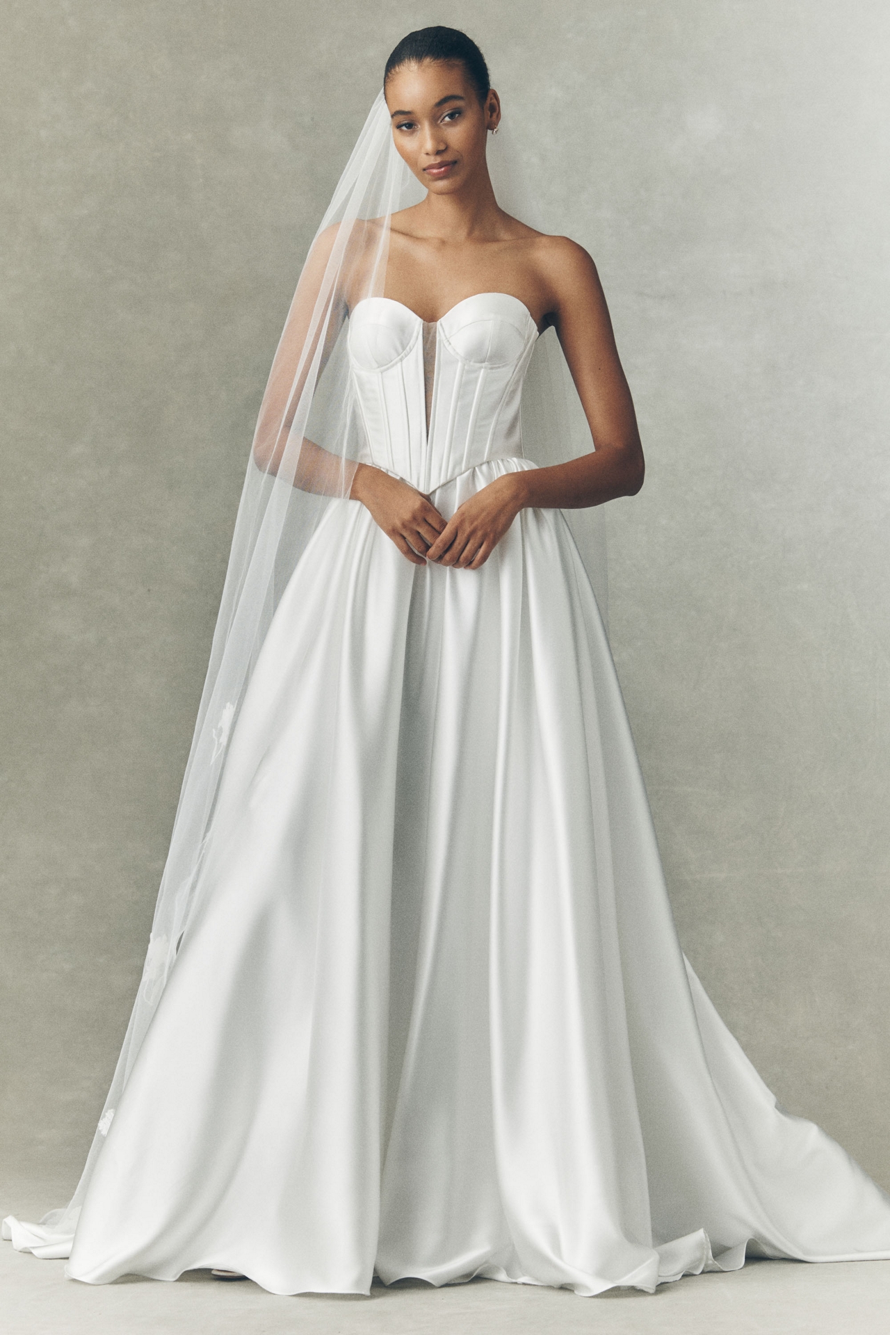 Watters Carina Strapless Plunged Basque-Waist Fit & Flare Satin Wedding Gown