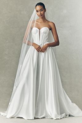 Watters Carina Strapless Plunged Basque-Waist Fit & Flare Satin Wedding Gown