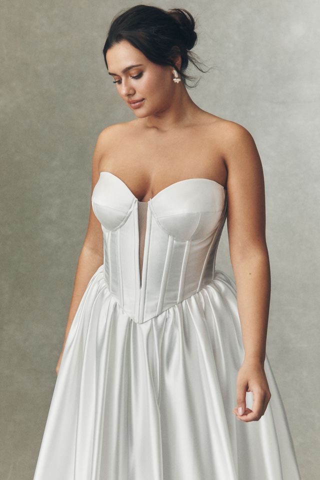 Watters Carina Strapless Plunged Basque-Waist Fit & Flare Satin Wedding Gown #6