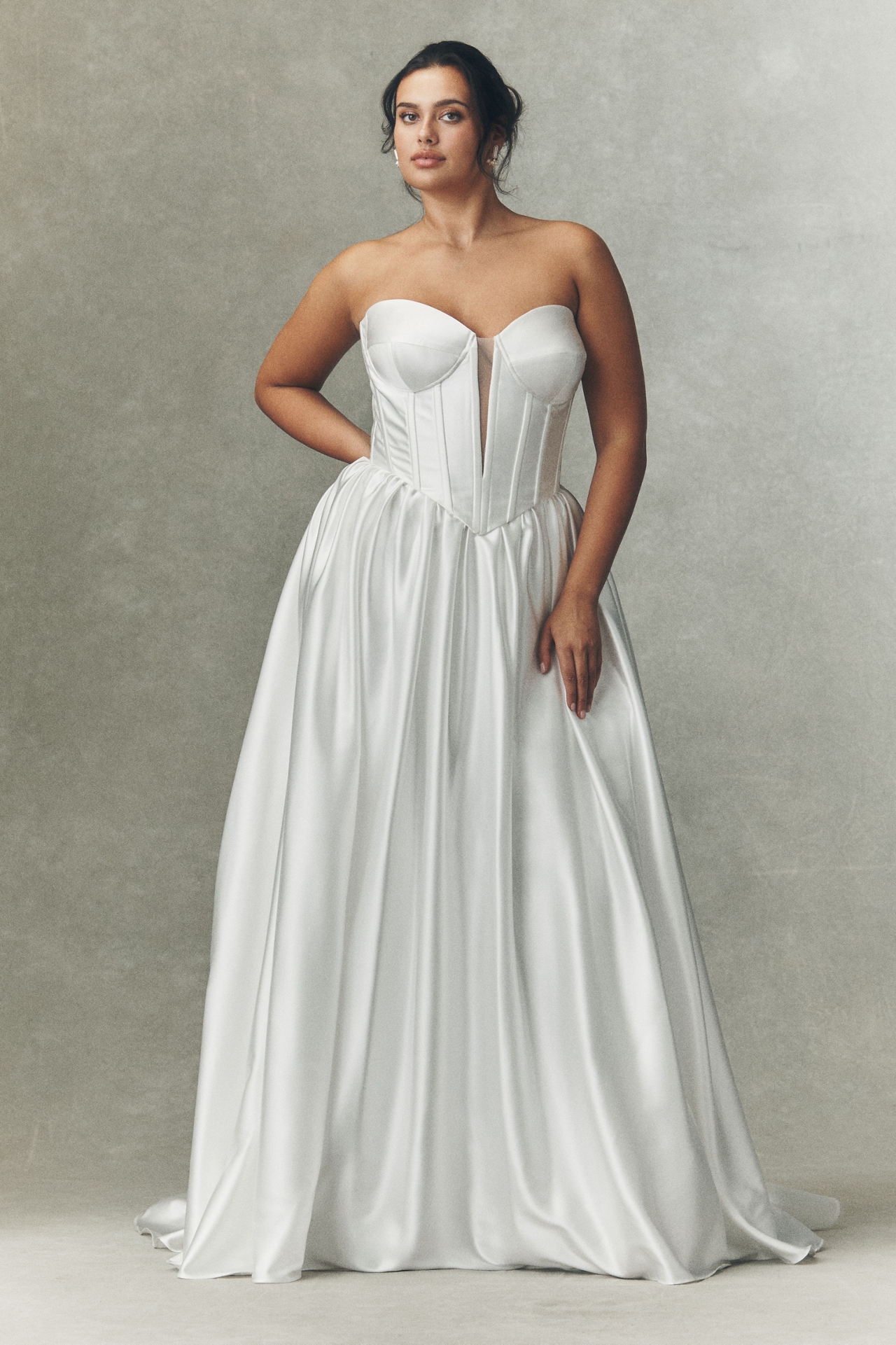 Watters Carina Strapless Plunged Basque-Waist Fit & Flare Satin Wedding Gown