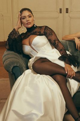 Watters Carina Strapless Plunged Basque-Waist Fit & Flare Satin Wedding Gown