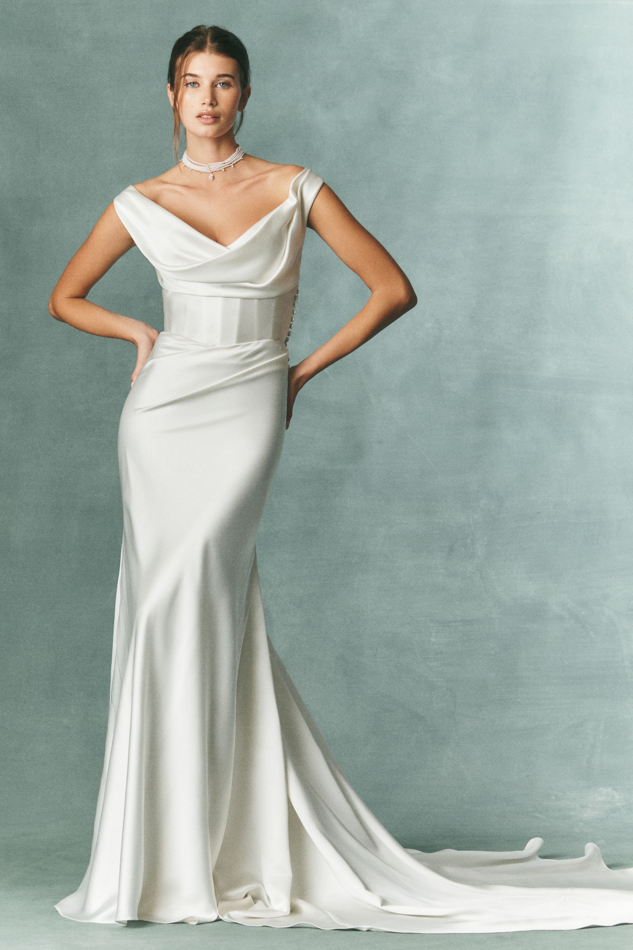 Watters Amaryliss Cowled Satin Column Wedding Gown