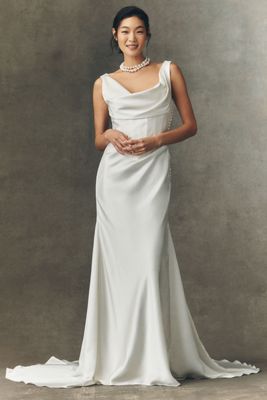 Watters Amaryliss Cowled Satin Column Wedding Gown