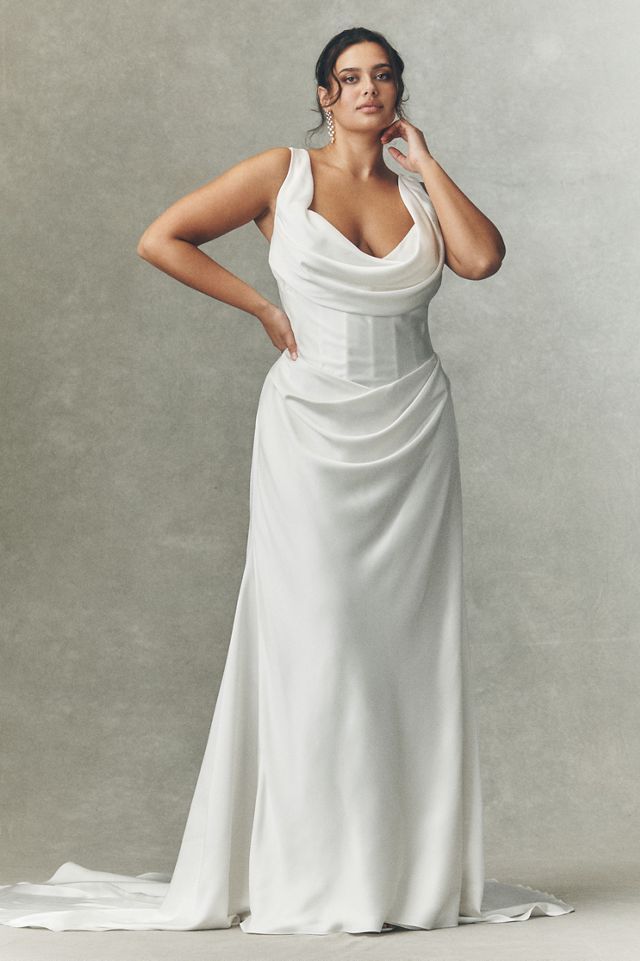 Watters Amaryliss Cowled Satin Column Wedding Gown #7