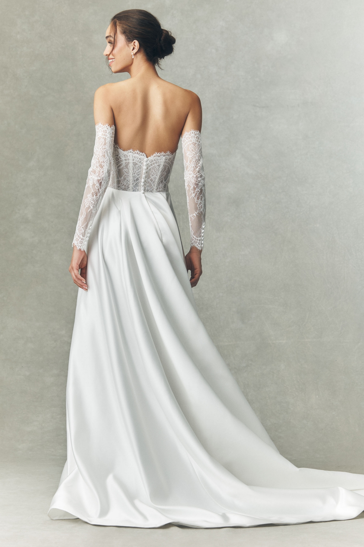 Watters Aster Strapless Satin Lace Wedding Gown