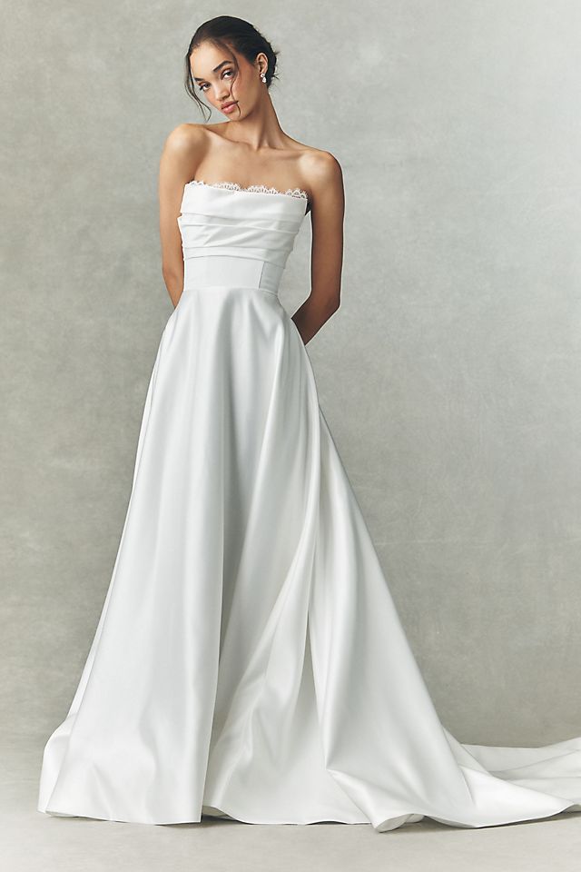 white strapless satin wedding dress KissProm A-Line Dresses, Diamond White / 12 Worry Return Free Shipping Simple Strapless A-Line