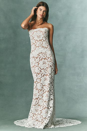 beholden dresses Lace Gowns Boho Lace Fit-and-Flare Boho Bridal Gown With A Plunging Neckline Bhldn Beholden By Anthropologie Beholden