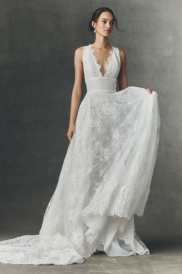 knee length dresses for ladies A-line V Neck Long Sleeve Sweep Lace Satin Wedding Dress main image 1