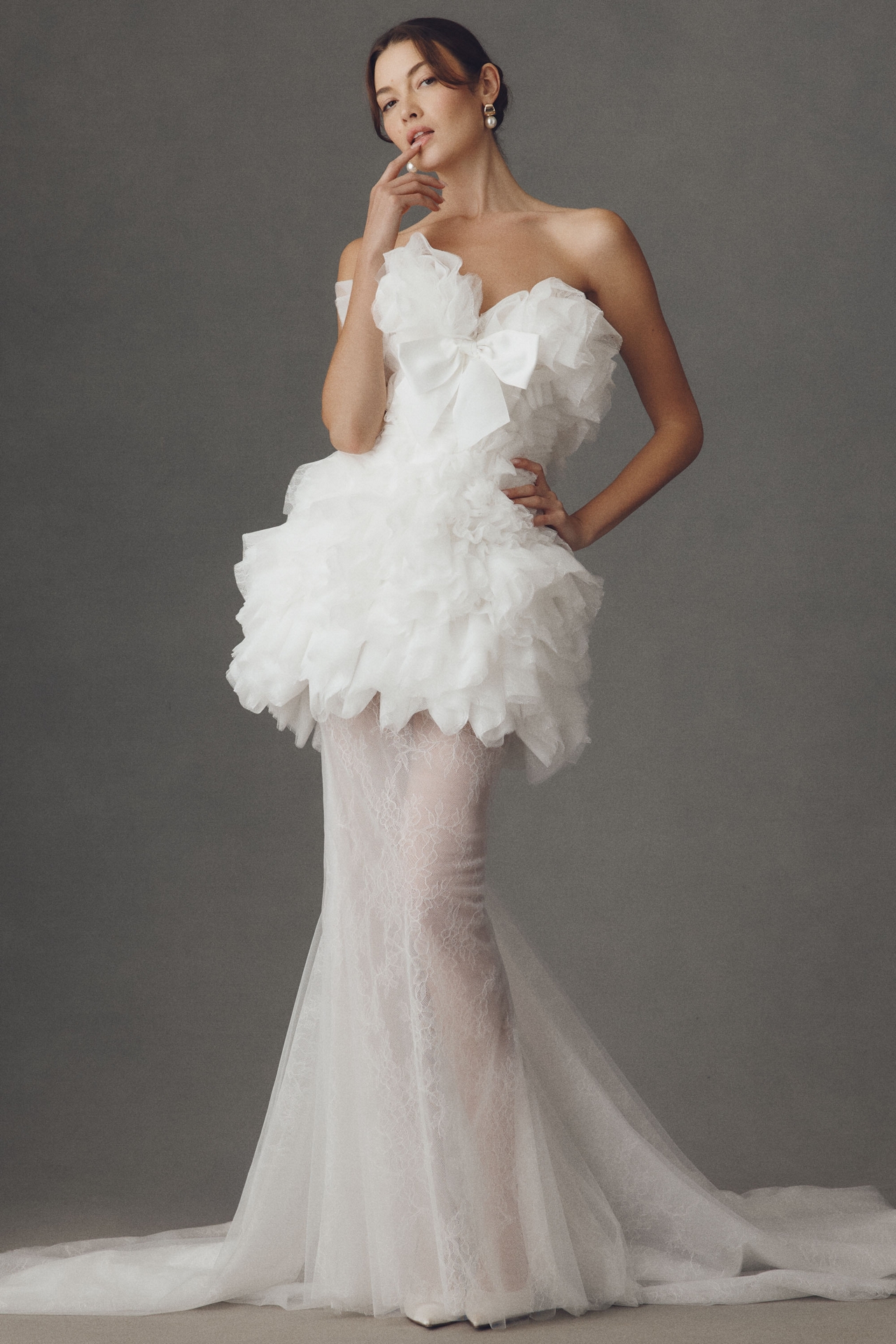 Sébastien Luke Ruffled Lace Mini Dress with Trumpet Skirt