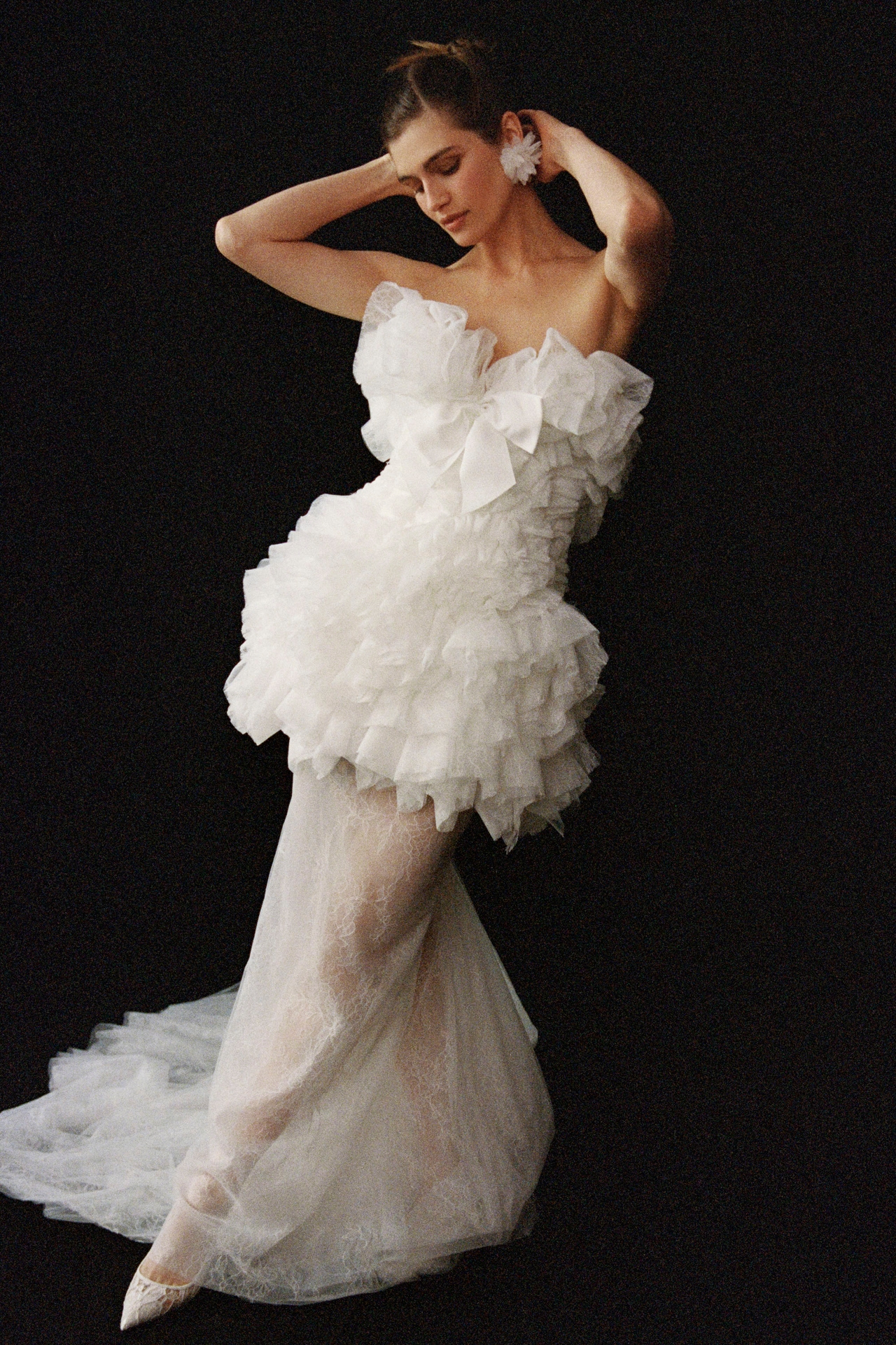 Sébastien Luke Ruffled Lace Mini Dress with Trumpet Skirt