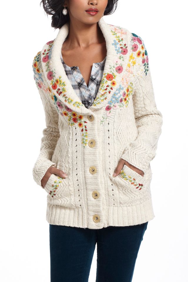 Embroidered Cableknit Cardigan Anthropologie