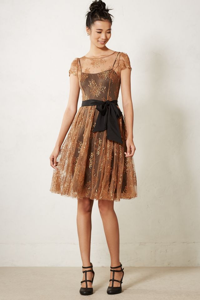 By Anthropologie Smocked Sheer Lace Overlay Dress