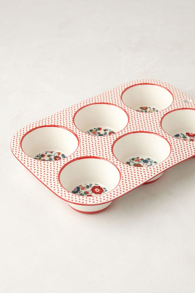 Anthropologie Ceramic Muffin Pan Maelle Pattern Green Pink And